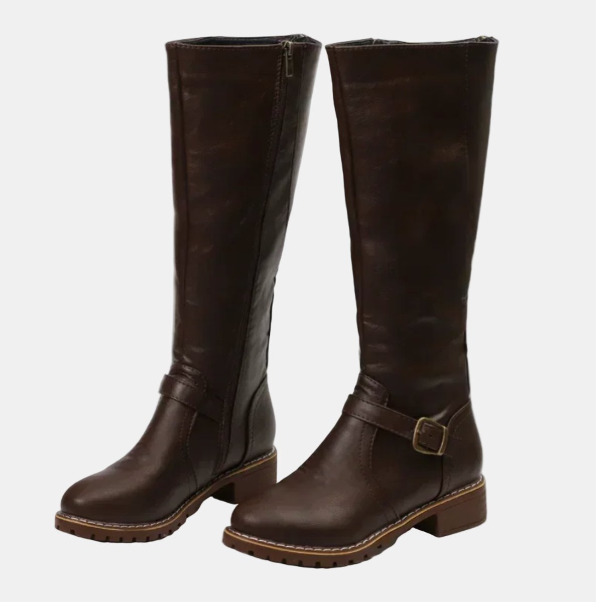 Nora Women's Faux Leather Buckle Low Block Heel Knee High Boots, view 5