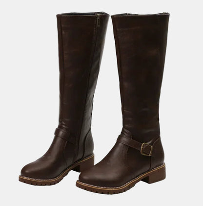 Nora Women's Faux Leather Buckle Low Block Heel Knee High Boots, view 5