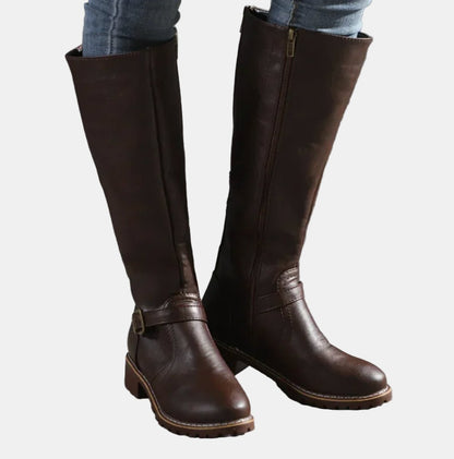Nora Women's Faux Leather Buckle Low Block Heel Knee High Boots, view 6