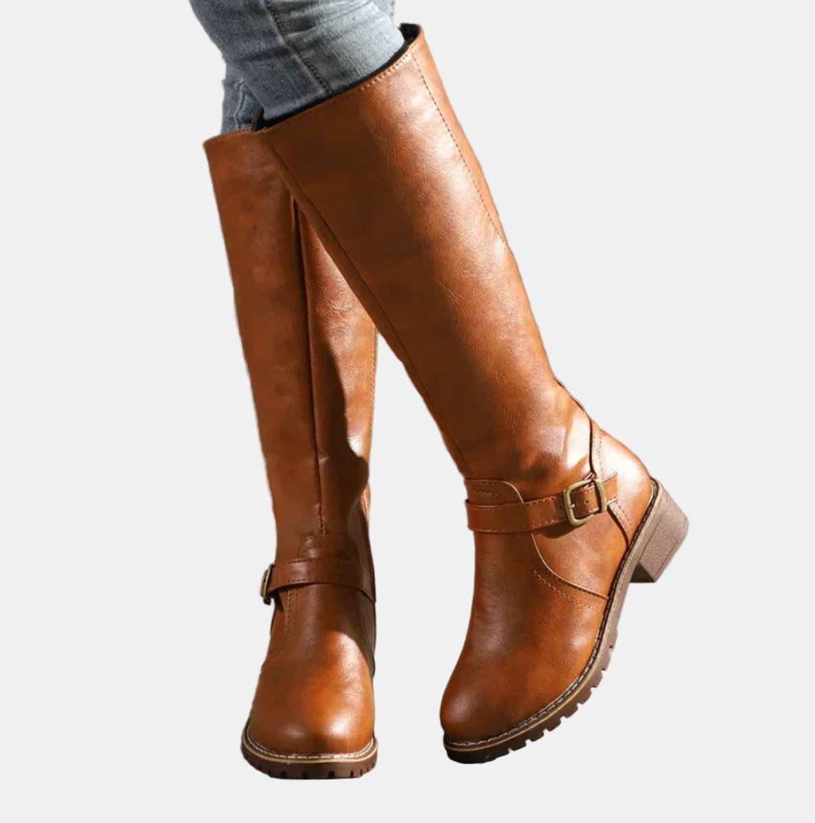 Nora Women's Faux Leather Buckle Low Block Heel Knee High Boots, view 7