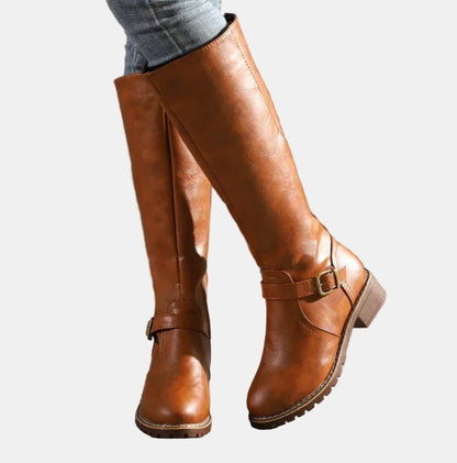 Nora Women's Faux Leather Buckle Low Block Heel Knee High Boots, view 7