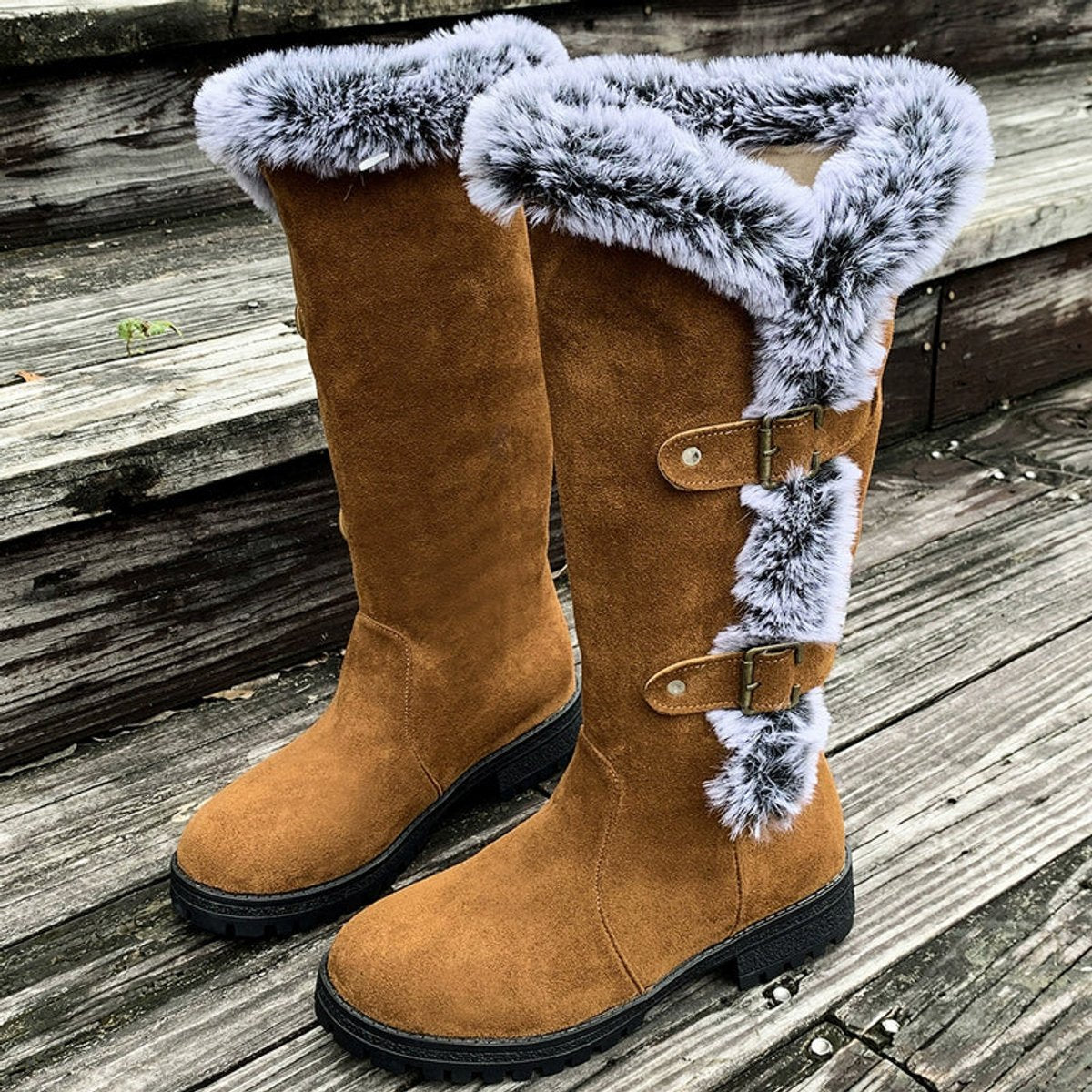 Wren Women's Faux Fur Trim Buckle Knee High Boots, view 10