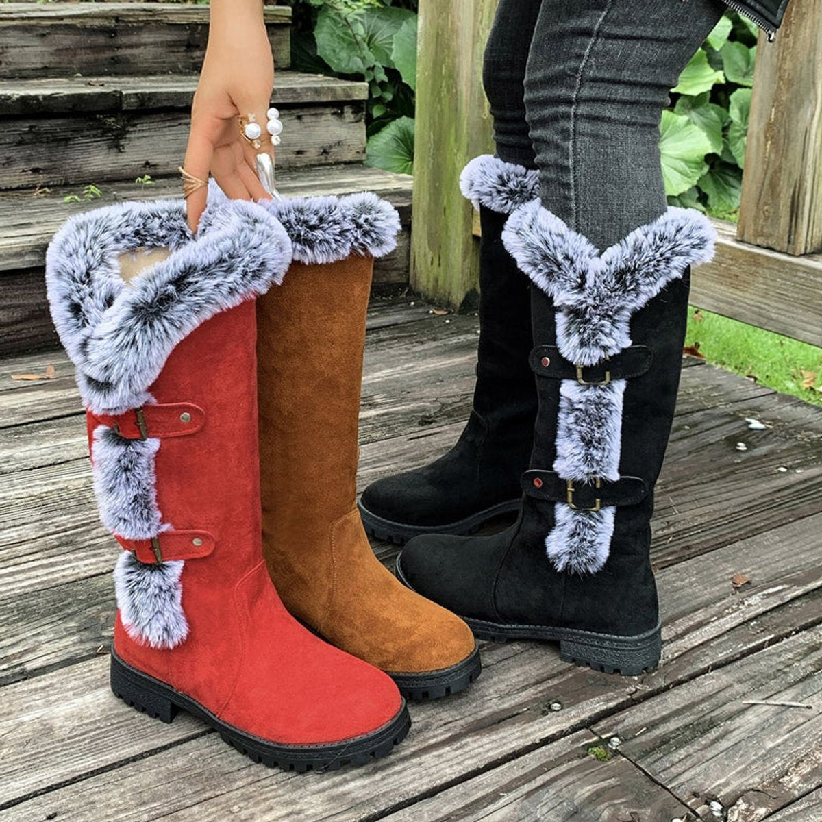Wren Women's Faux Fur Trim Buckle Knee High Boots, view 3
