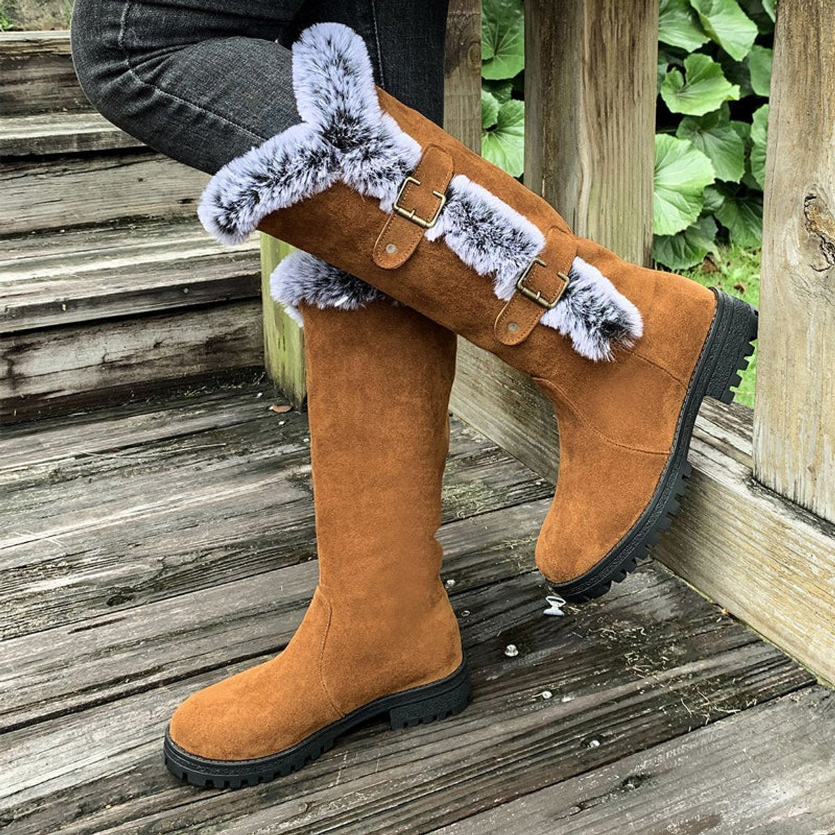 Wren Women's Faux Fur Trim Buckle Knee High Boots, view 4
