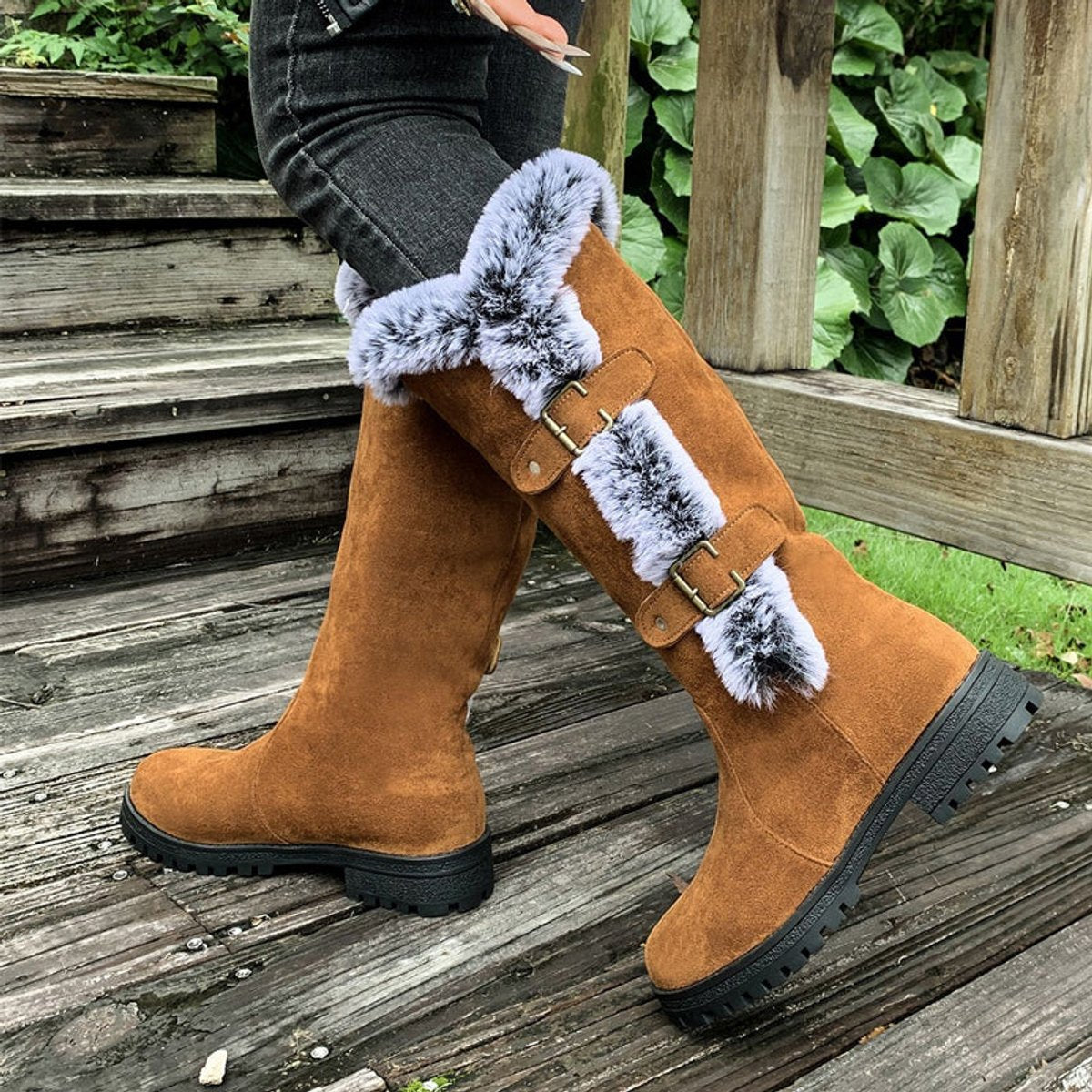 Wren Women's Faux Fur Trim Buckle Knee High Boots, view 5