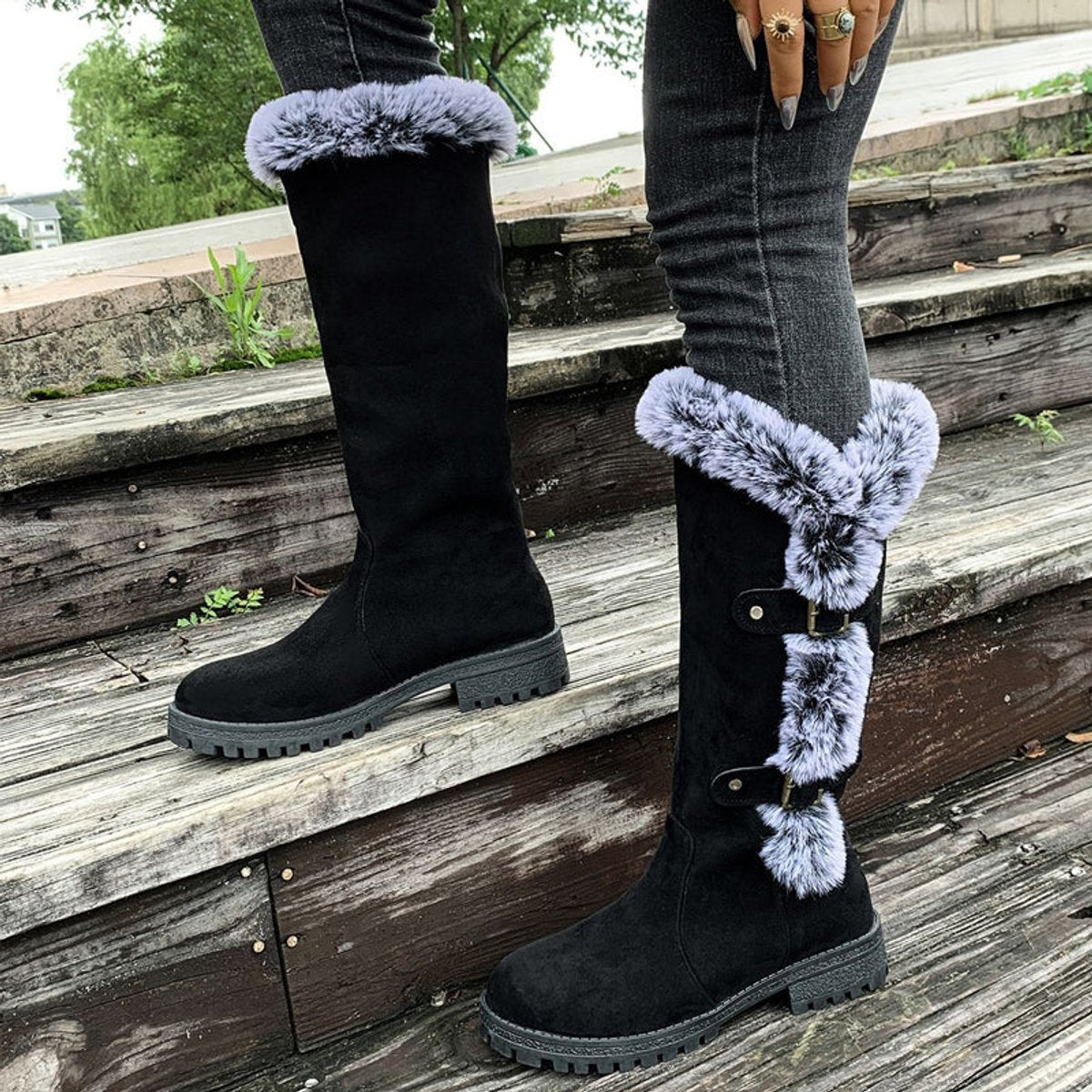 Wren Women's Faux Fur Trim Buckle Knee High Boots, view 8