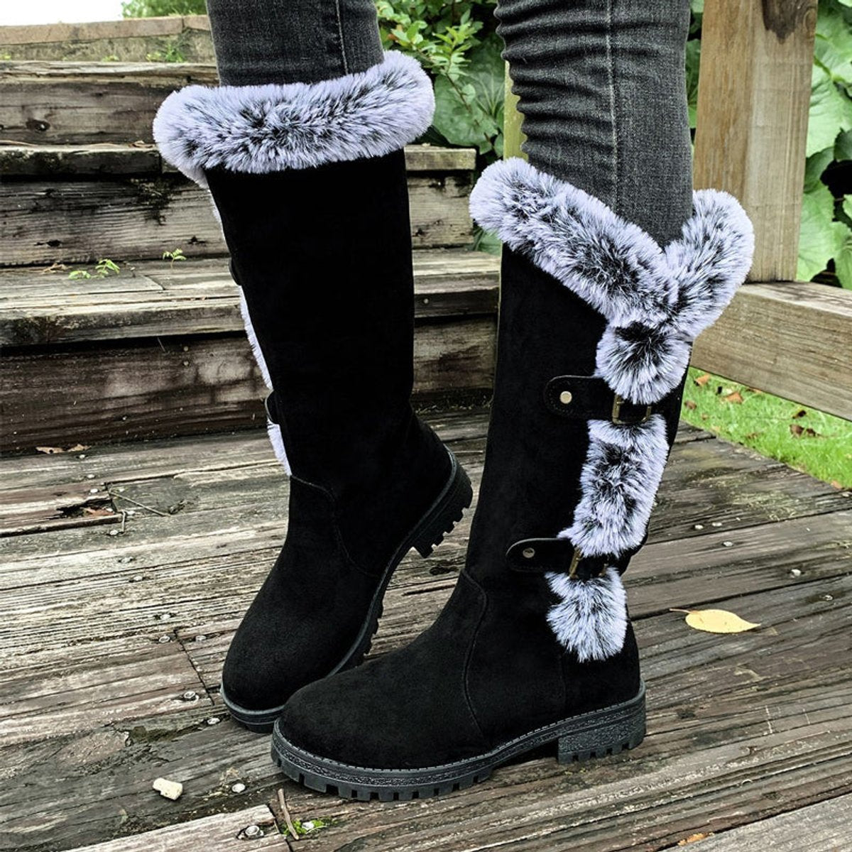 Wren Women's Faux Fur Trim Buckle Knee High Boots, view 9