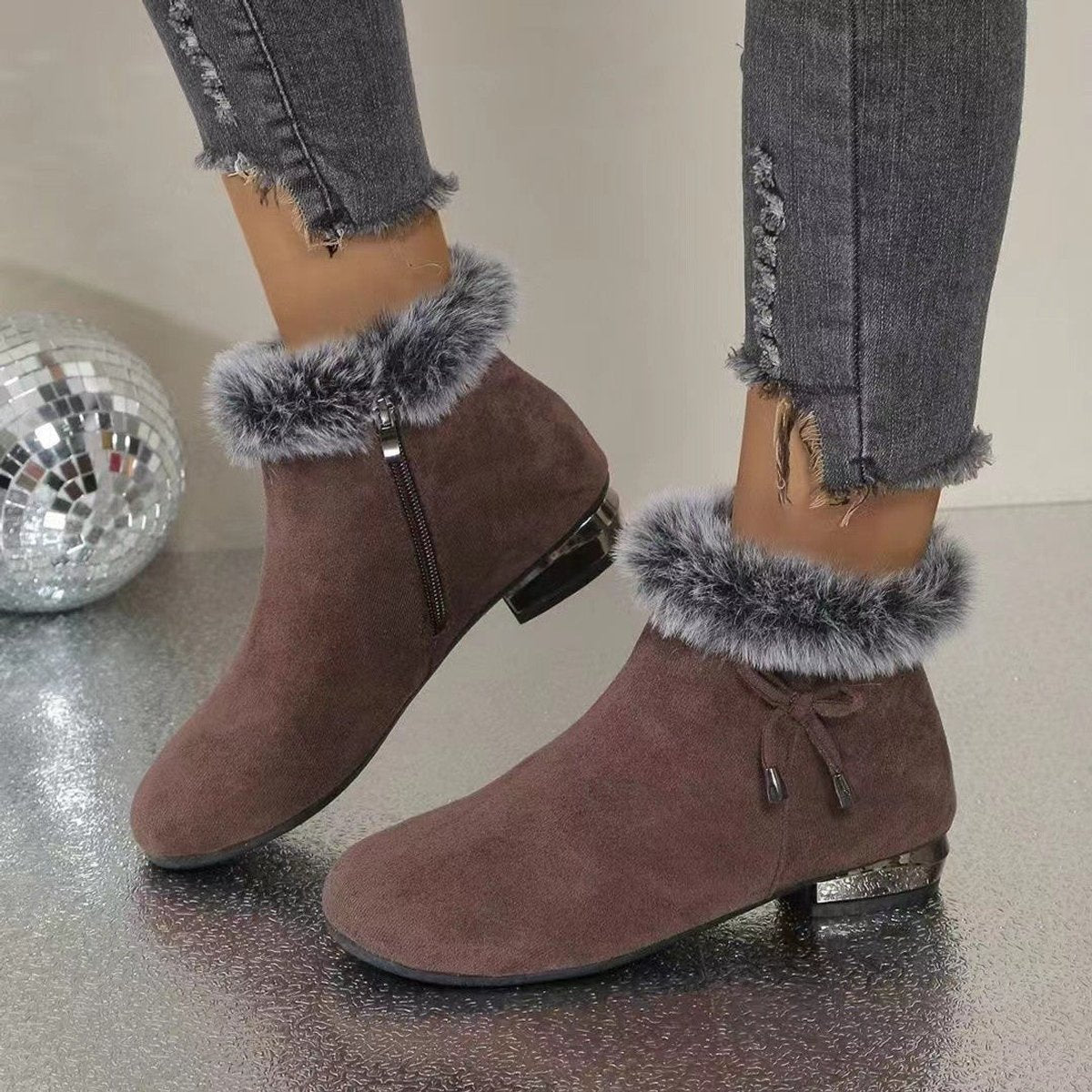 Maeve Women's Faux Fur Trim Flat Ankle Boots, view 2