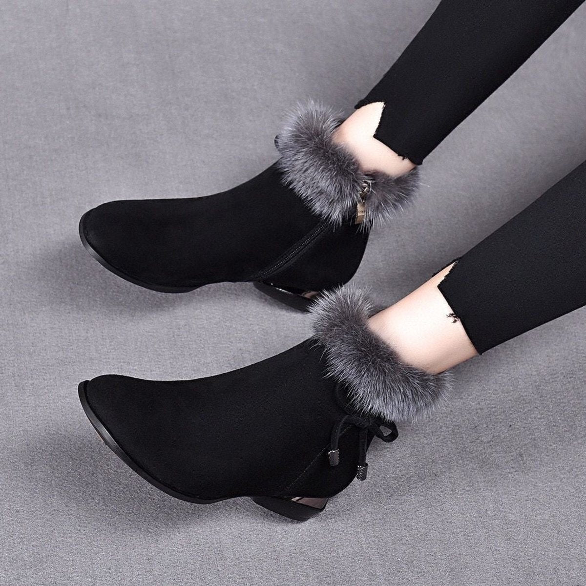 Maeve Women's Faux Fur Trim Flat Ankle Boots, view 3