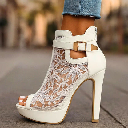 Blythe Women's Floral Lace Peep Toe Stiletto Ankle Strap Heels, view 2