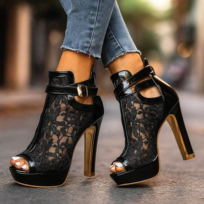 Blythe Women's Floral Lace Peep Toe Stiletto Ankle Strap Heels, view 4