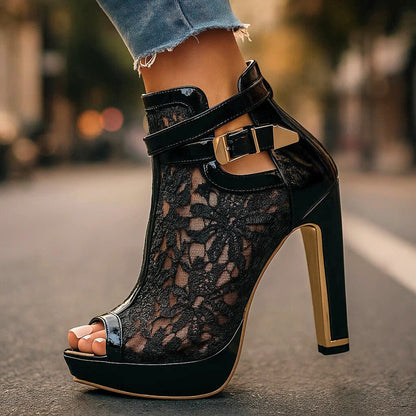 Blythe Women's Floral Lace Peep Toe Stiletto Ankle Strap Heels, view 6