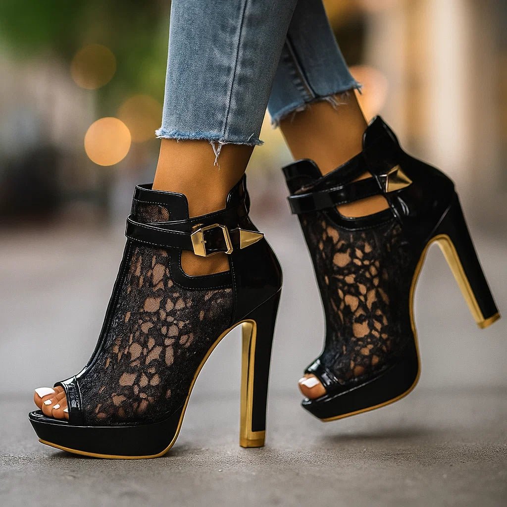 Blythe Women's Floral Lace Peep Toe Stiletto Ankle Strap Heels, view 7