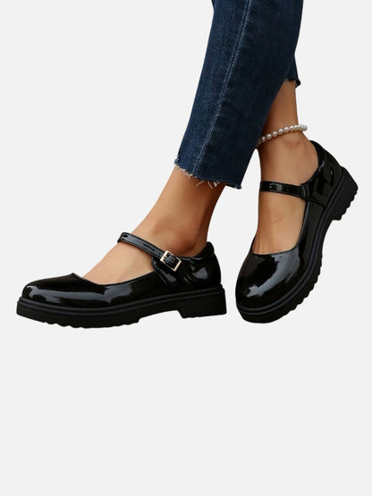 Willow Women's Patent Look Buckle Strap Flat Mary Jane Shoes, view 1