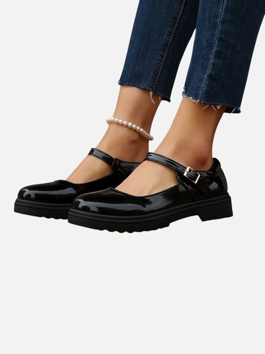 Willow Women's Patent Look Buckle Strap Flat Mary Jane Shoes, view 7