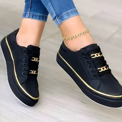 Margot Women's Low Top Lace Up Platform Gold Tone Trim Trainers, view 3