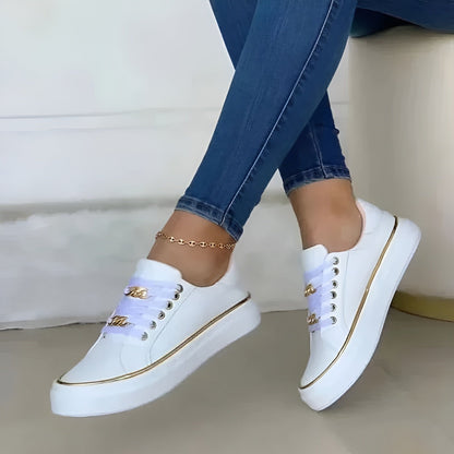 Margot Women's Low Top Lace Up Platform Gold Tone Trim Trainers, view 4