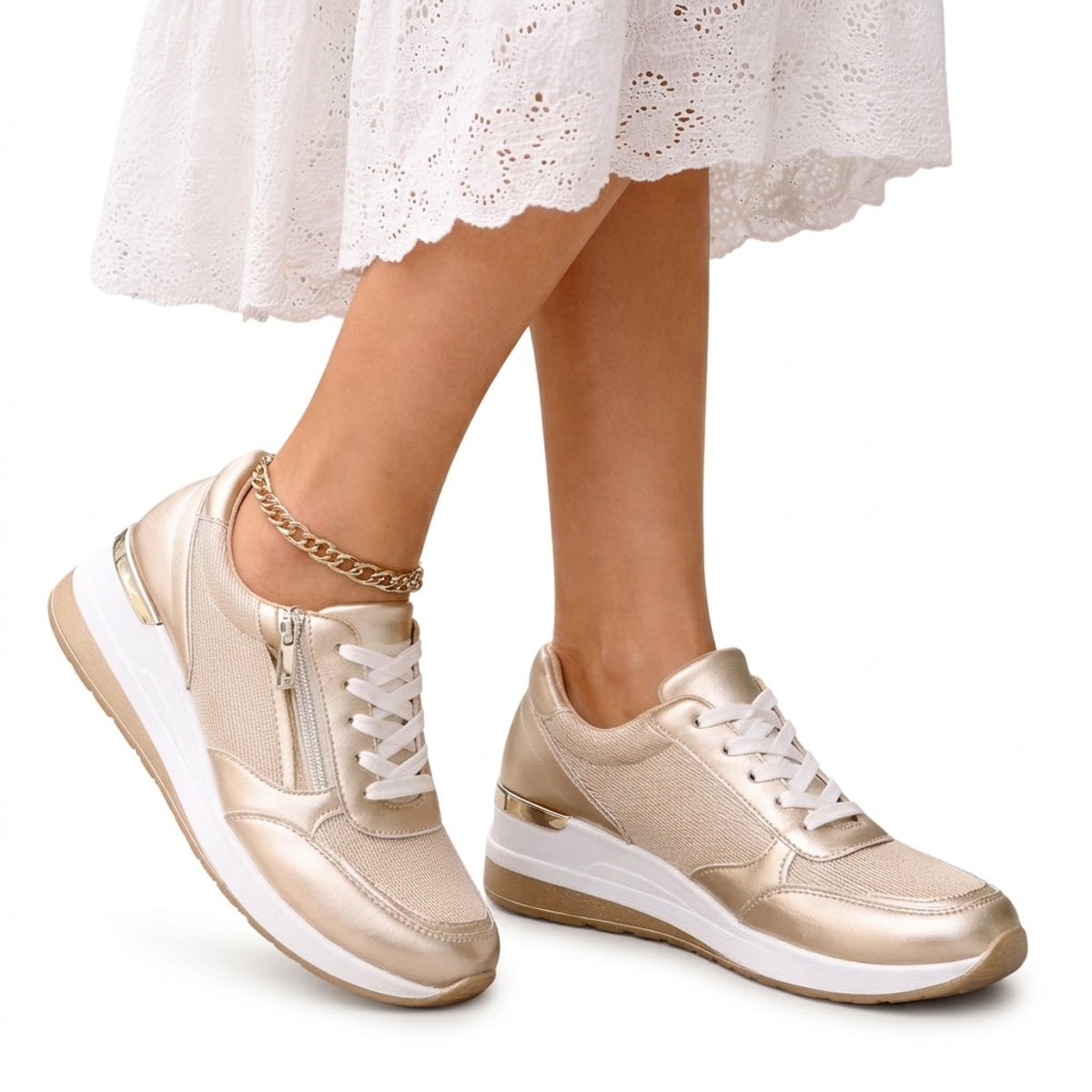 Blythe Women's Metallic Lace Up Wedge Platform Trainers, view 1
