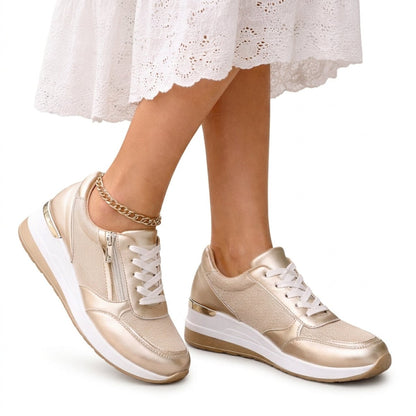 Blythe Women's Metallic Lace Up Wedge Platform Trainers, view 1