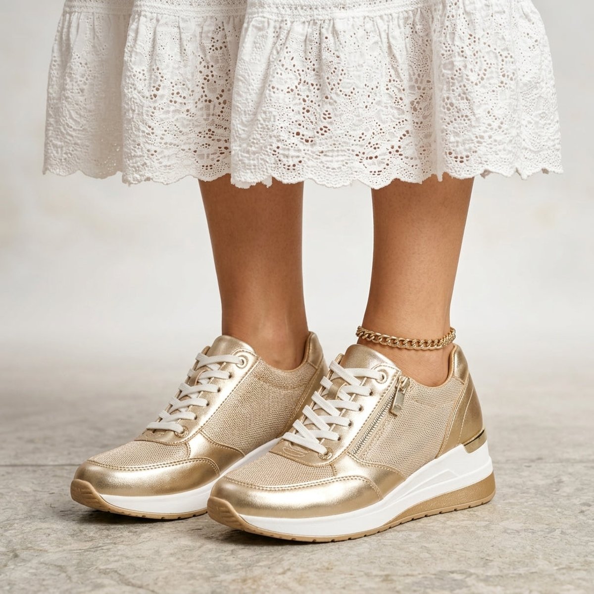 Blythe Women's Metallic Lace Up Wedge Platform Trainers, view 3
