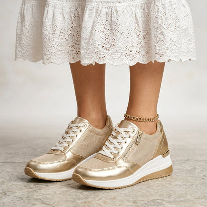 Blythe Women's Metallic Lace Up Wedge Platform Trainers, view 3