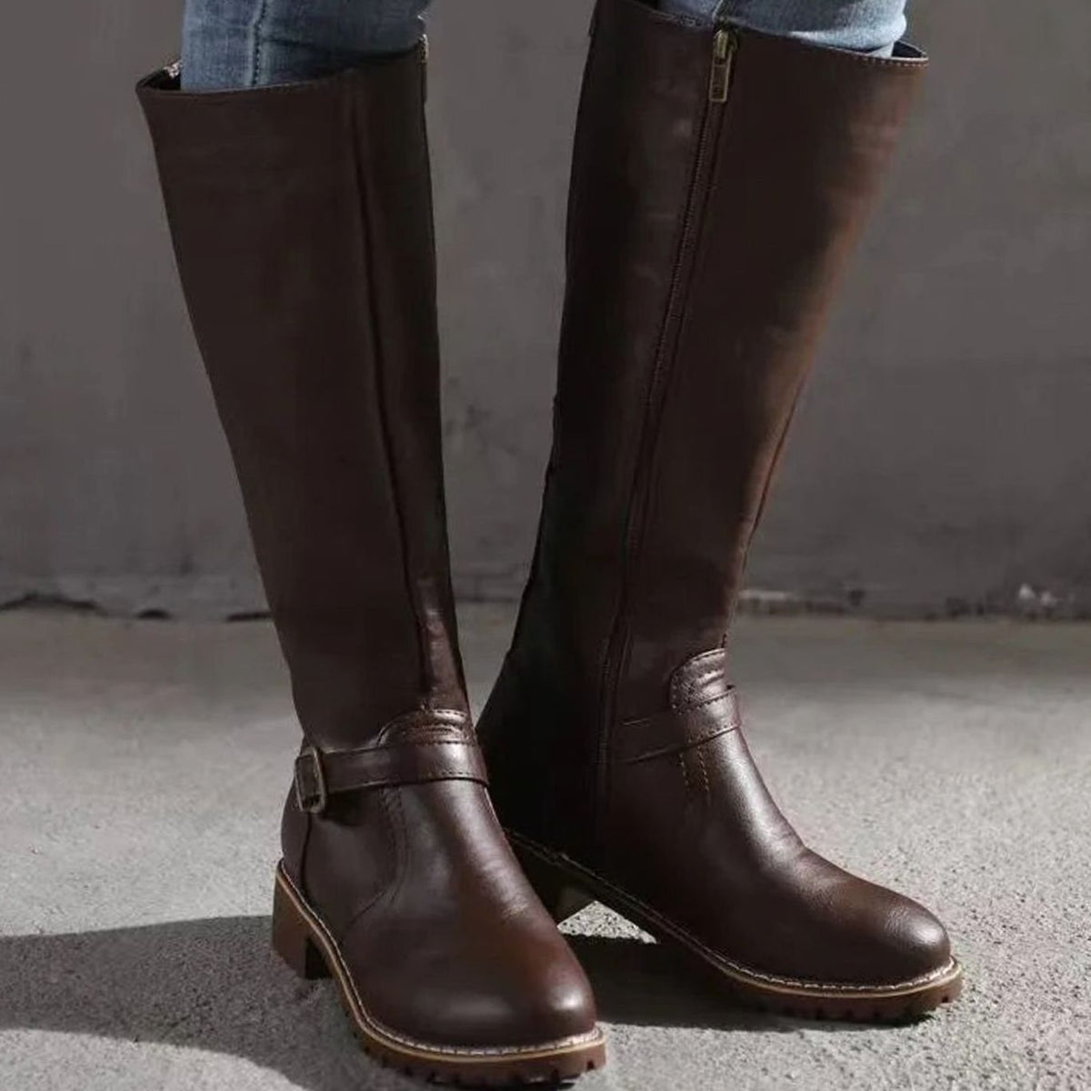 Blythe Women's Leather Buckle Strap Low Block Heel Knee High Boots, view 2