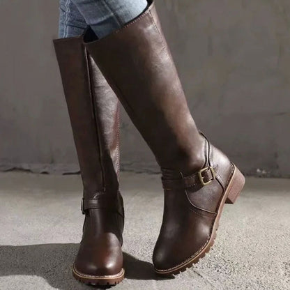 Blythe Women's Leather Buckle Strap Low Block Heel Knee High Boots, view 3