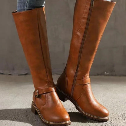 Blythe Women's Leather Buckle Strap Low Block Heel Knee High Boots, view 4