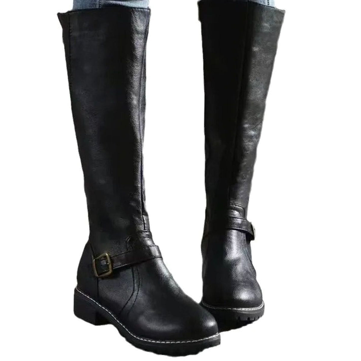 Blythe Women's Leather Buckle Strap Low Block Heel Knee High Boots, view 5
