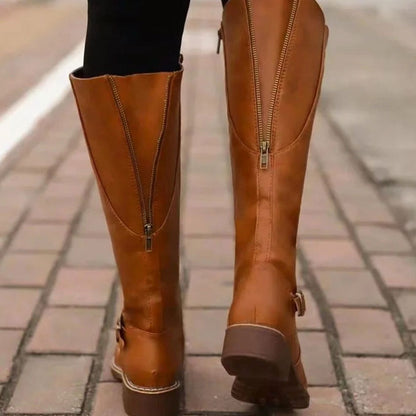 Blythe Women's Leather Buckle Strap Low Block Heel Knee High Boots, view 6