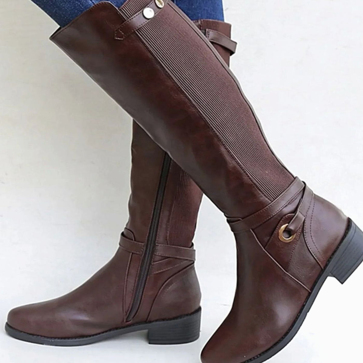 Harriet Women's Leather Elastic Panel Low Block Heel Knee High Boots, view 2