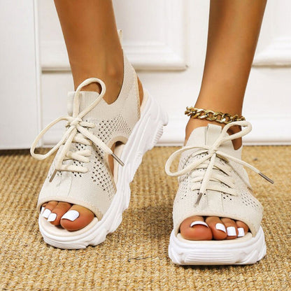 Robyn Women's Stretch Knit Lace Up Open Toe Sandals, view 5