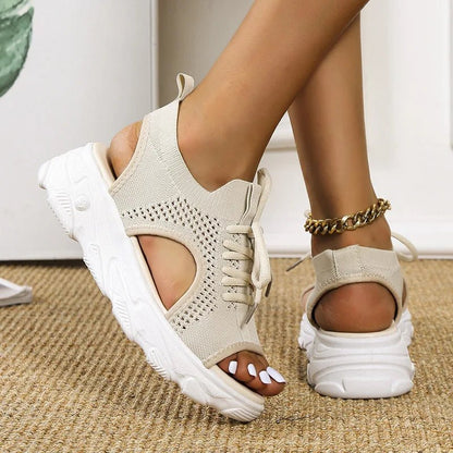 Robyn Women's Stretch Knit Lace Up Open Toe Sandals, view 8
