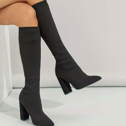Pearl Women's Ribbed Knit Sock Style Block Heel Knee High Boots, view 1