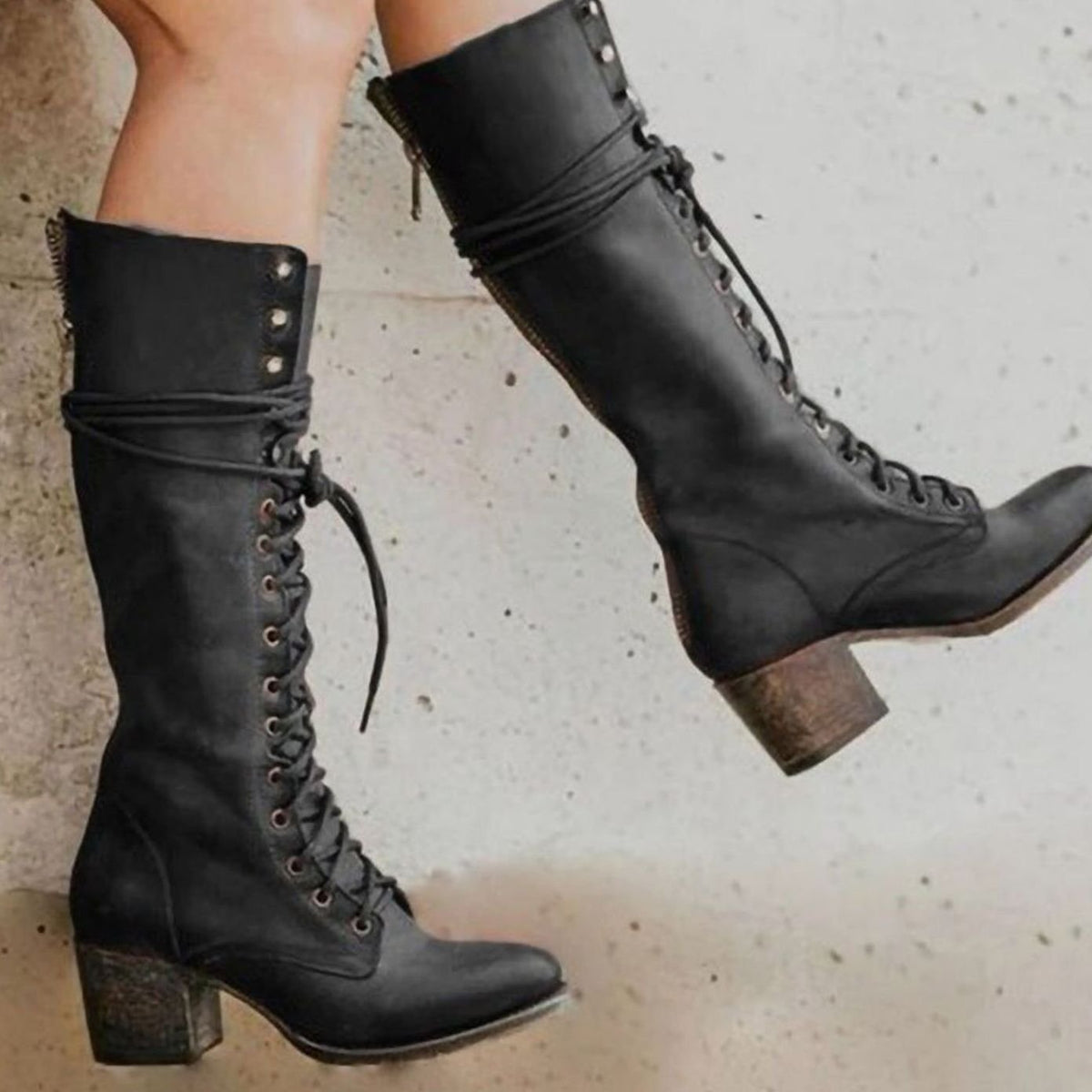 Esme Women's Faux Leather Lace Up Block Heel Knee High Boots, view 1