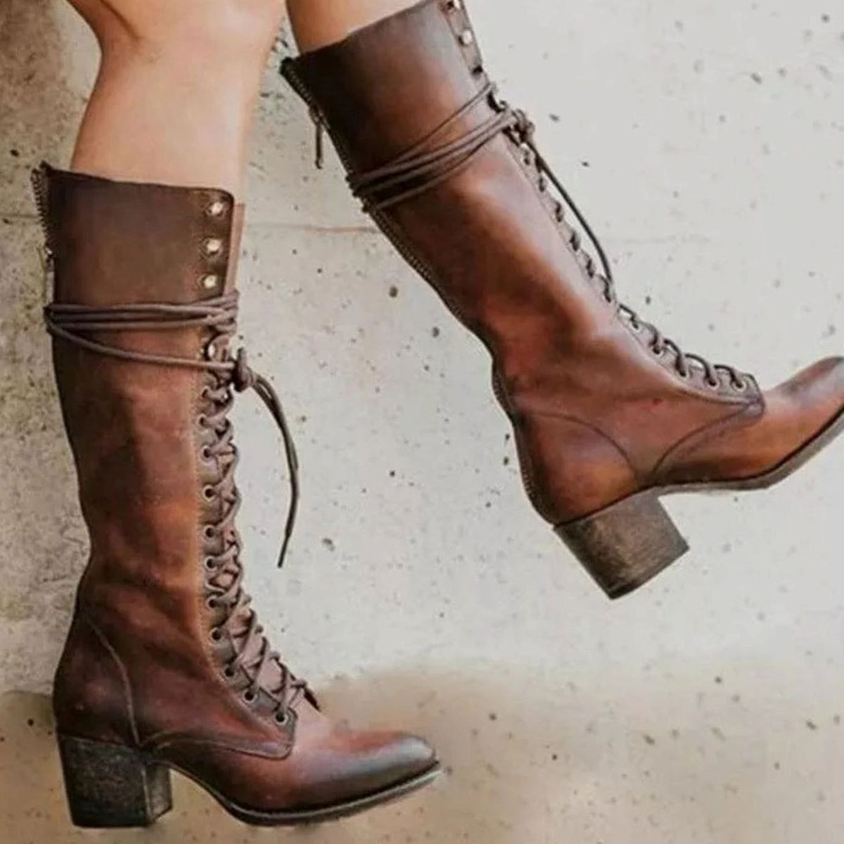 Esme Women's Faux Leather Lace Up Block Heel Knee High Boots, view 3