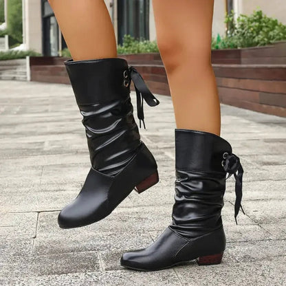 Margot Women's Slouchy Ribbon Lacing Mid Calf Boots, view 4