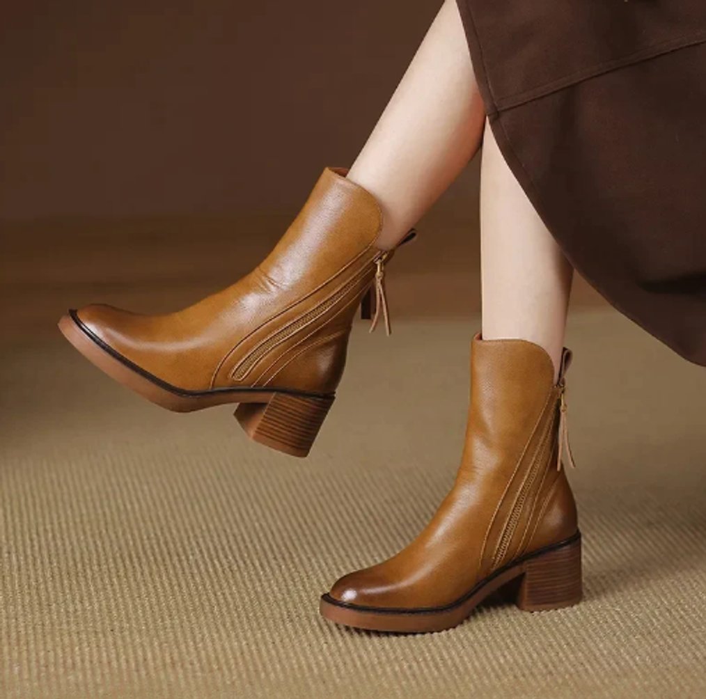 Robyn Women's Leather Block Heel Side Zip Ankle Boots, view 1