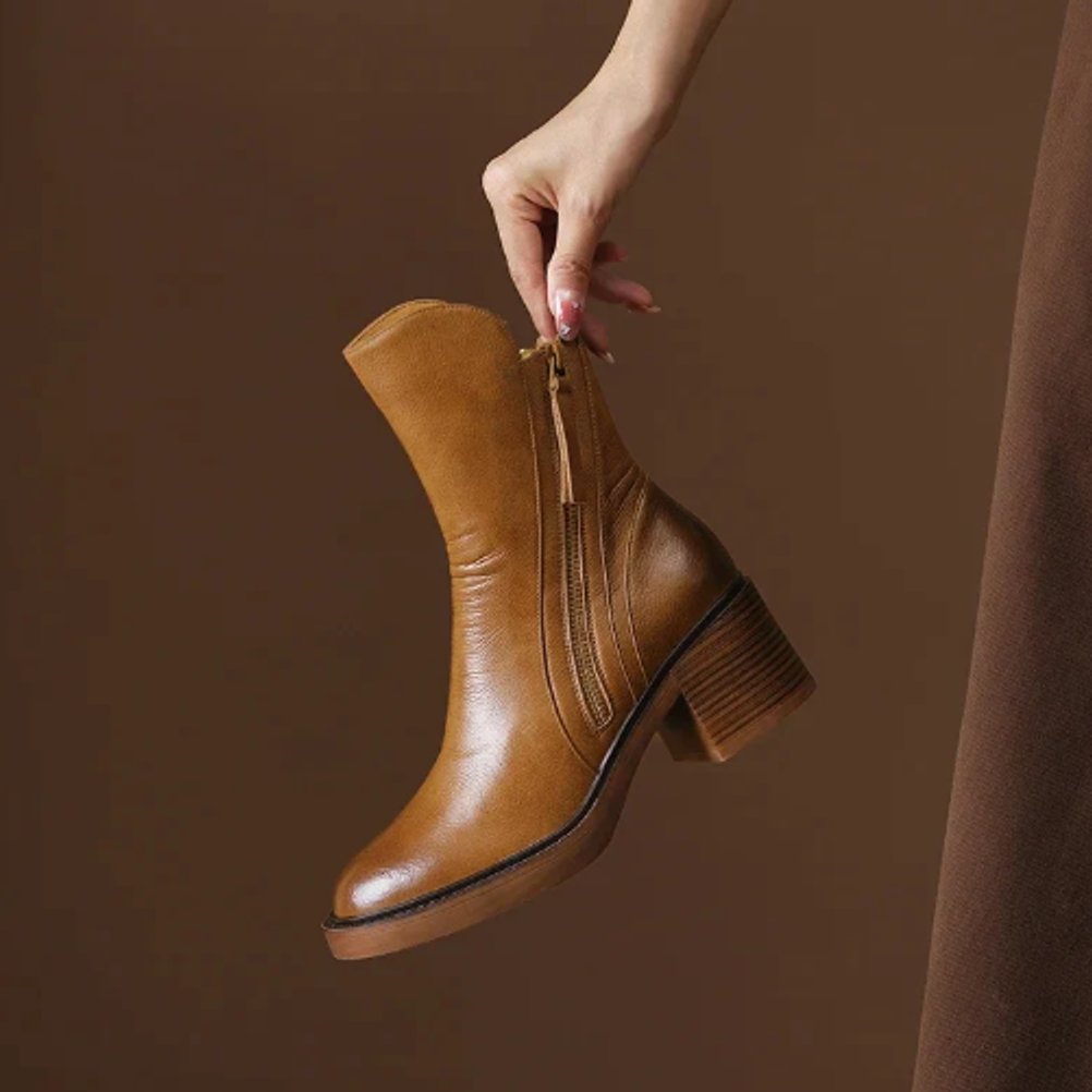 Robyn Women's Leather Block Heel Side Zip Ankle Boots, view 2