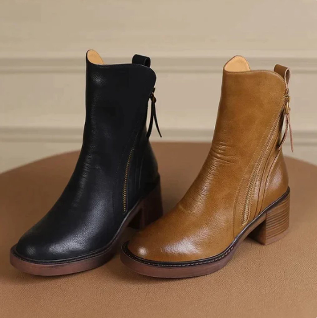 Robyn Women's Leather Block Heel Side Zip Ankle Boots, view 3