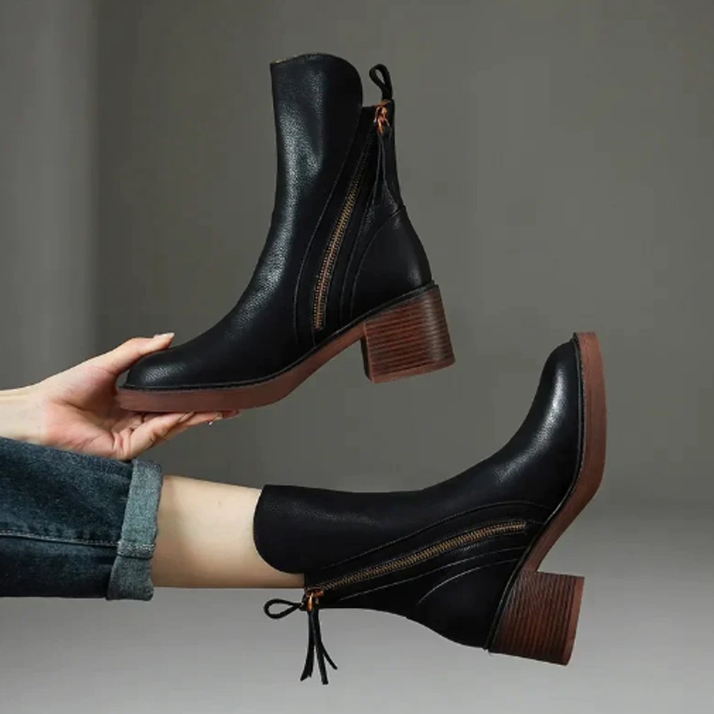 Robyn Women's Leather Block Heel Side Zip Ankle Boots, view 4