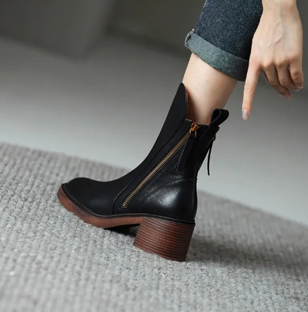 Robyn Women's Leather Block Heel Side Zip Ankle Boots, view 5