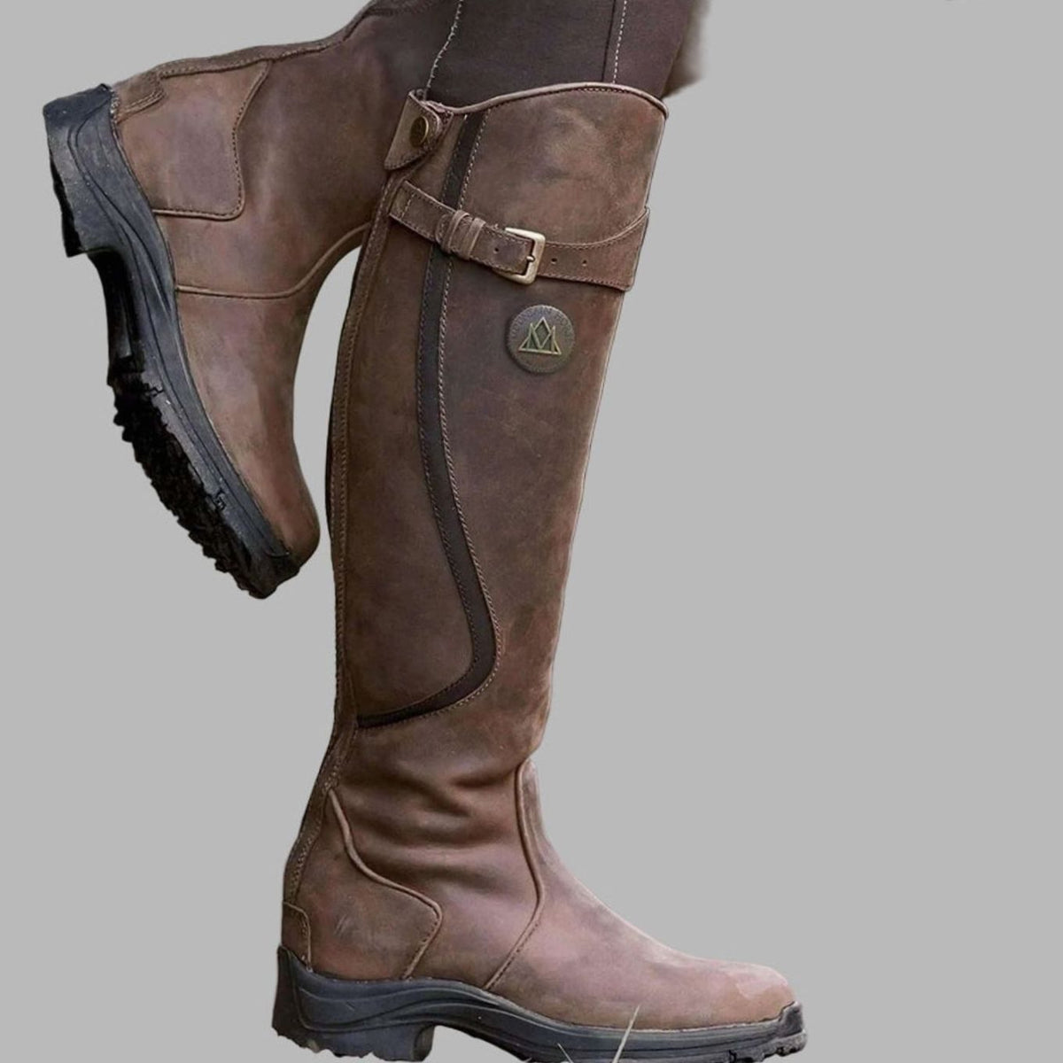 Robyn Women's Leather Calf Buckle Strap Lugged Sole Knee High Boots, view 1