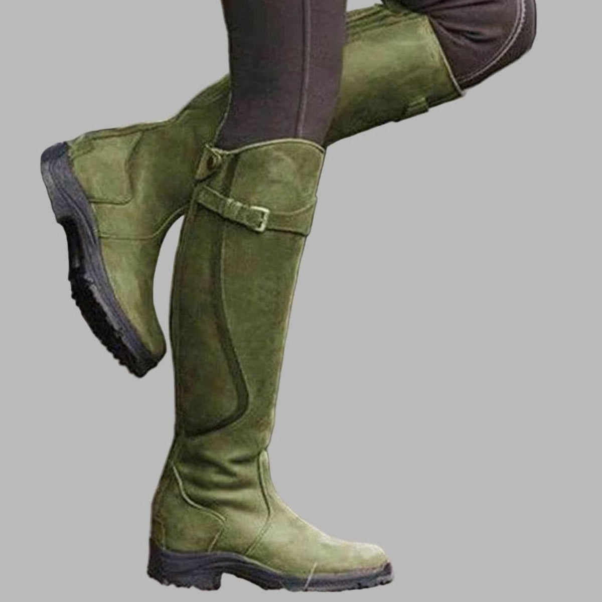Robyn Women's Leather Calf Buckle Strap Lugged Sole Knee High Boots, view 5