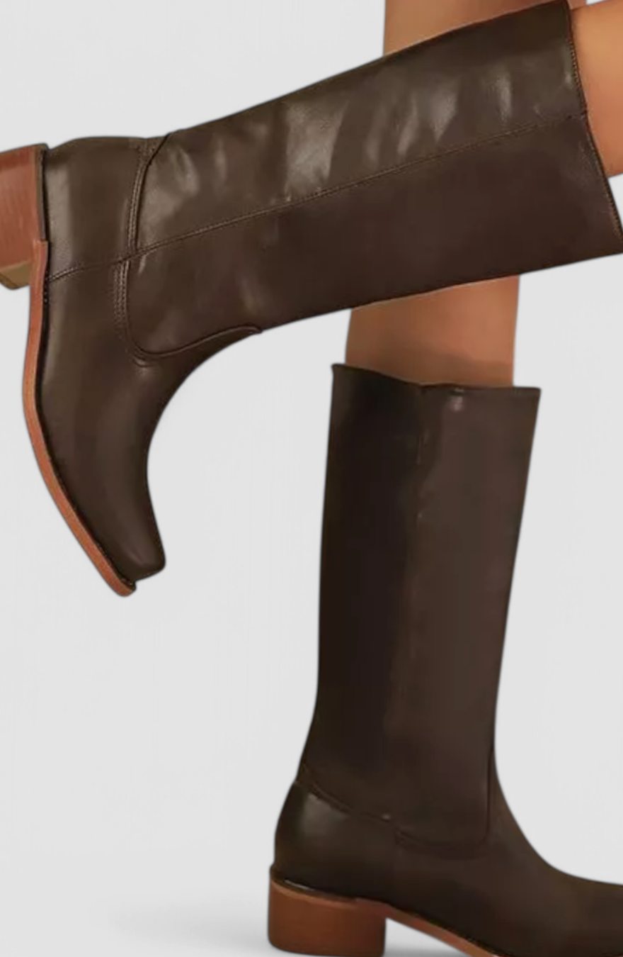Cleo Women's Leather Square Toe Stacked Heel Knee High Boots, view 2