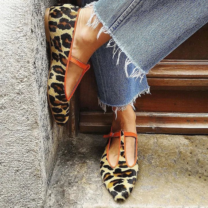 Juno Women's Leopard Print Pointed Toe T Strap Flat Shoes, view 1