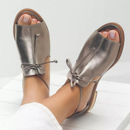 Poppy Women's Metallic Open Toe Bow Tie Strap Flat Sandals, view 1