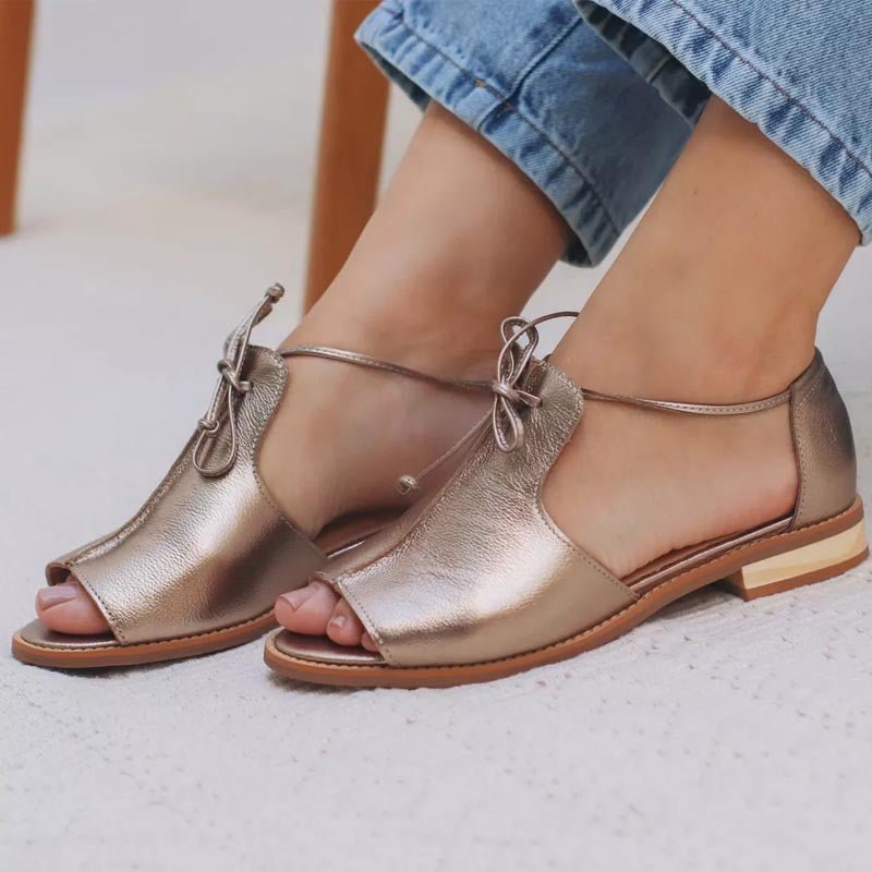 Poppy Women's Metallic Open Toe Bow Tie Strap Flat Sandals, view 2
