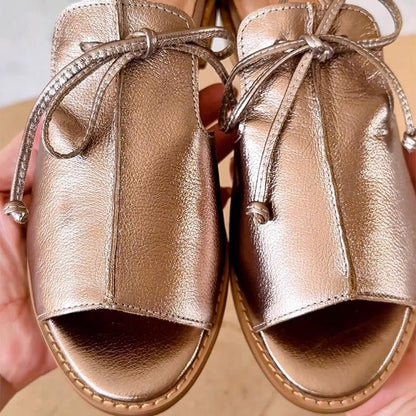 Poppy Women's Metallic Open Toe Bow Tie Strap Flat Sandals, view 3