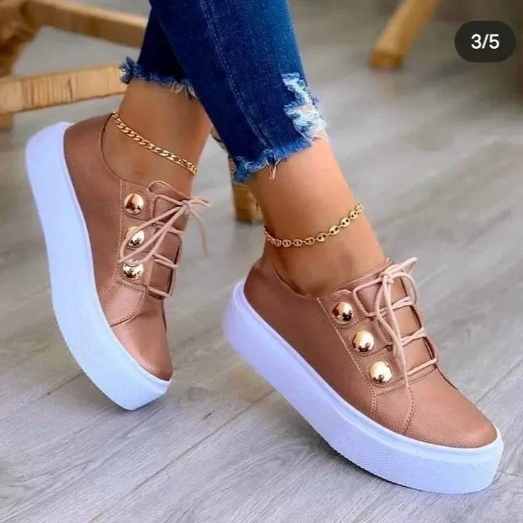 Poppy Women's Faux Leather Platform Lace Up Gold Stud Trainers, view 2